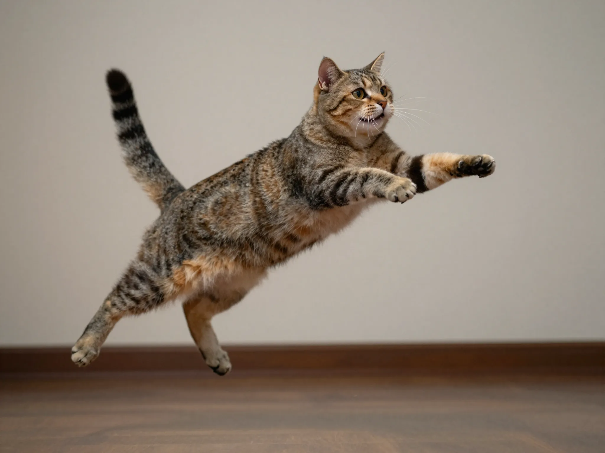 Cat frozen in mid leap pounce with splayed legs cartoonish pose