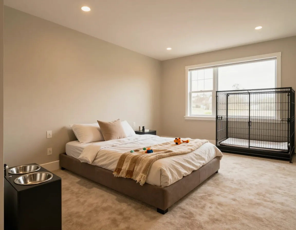 Luxurious pet boarding suite with a raised bed and personal pet belongings