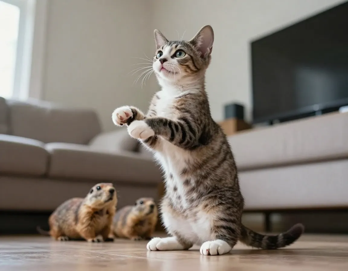 Munchkin kitten sitting up on hind legs like a prairie dog