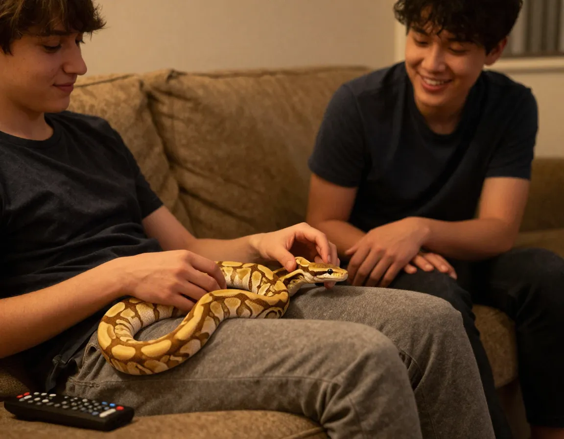 Owner relaxing on couch with curious banana python exploring gently