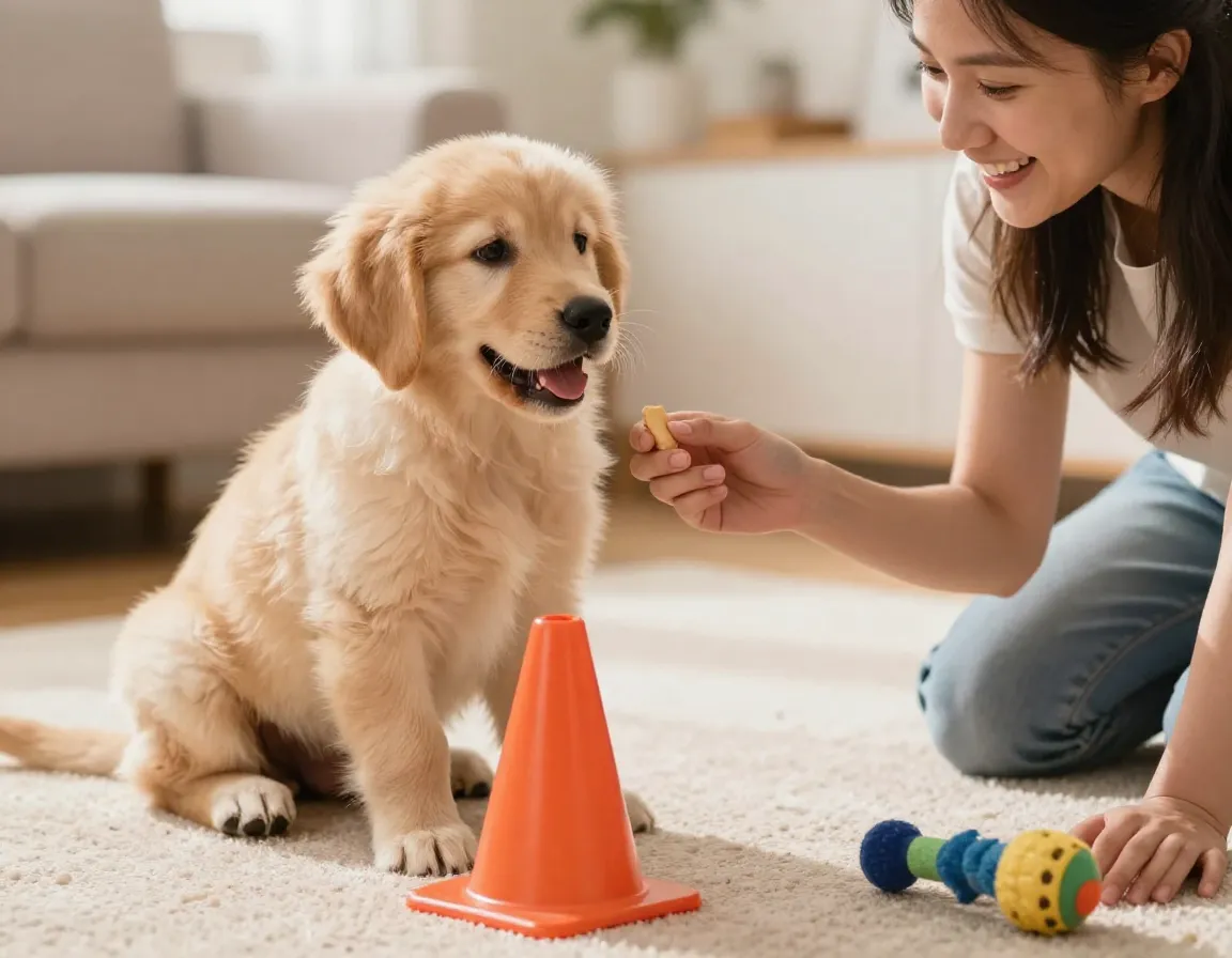 Positive short training session with young puppy and enthusiastic handler