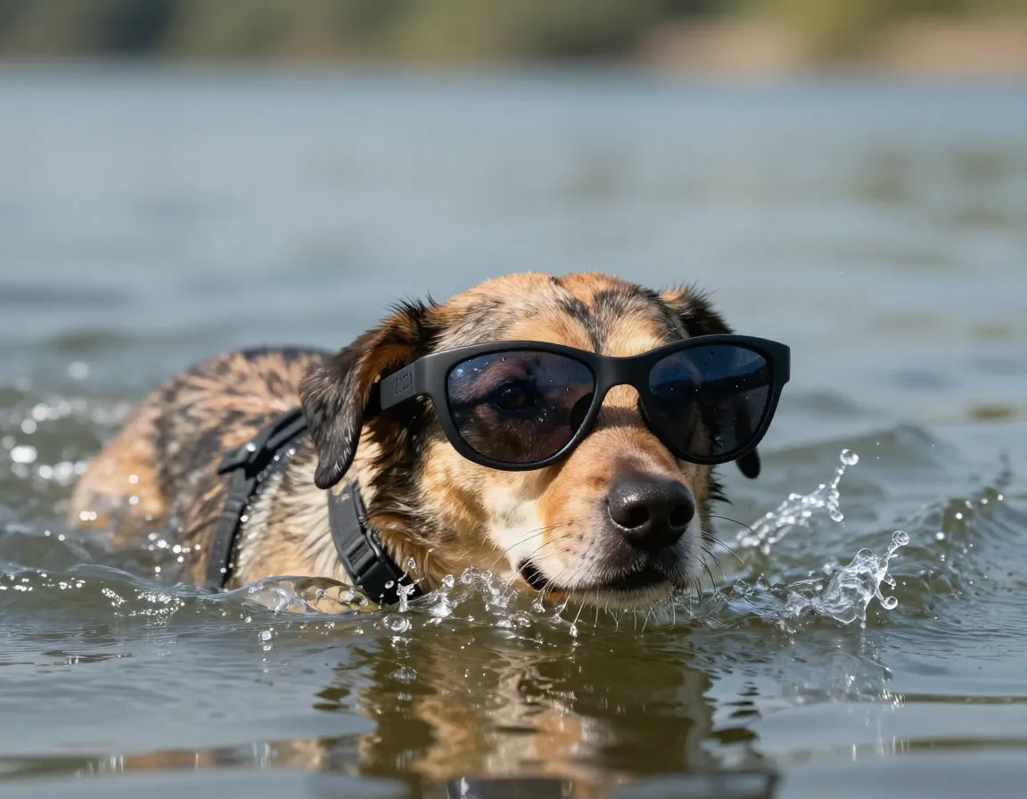 Sport performance wraparound cat eye sunglasses on a dog swimming in a lake