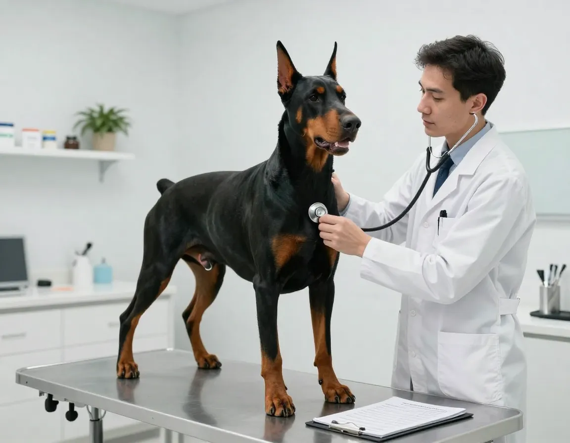 Veterinarian checking dobermans heart with stethoscope during examination