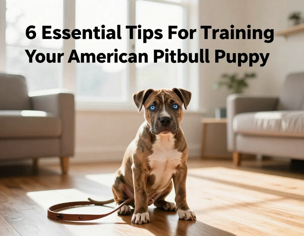 Brindle pitbull puppy sits attentively in sunlit living room training ready