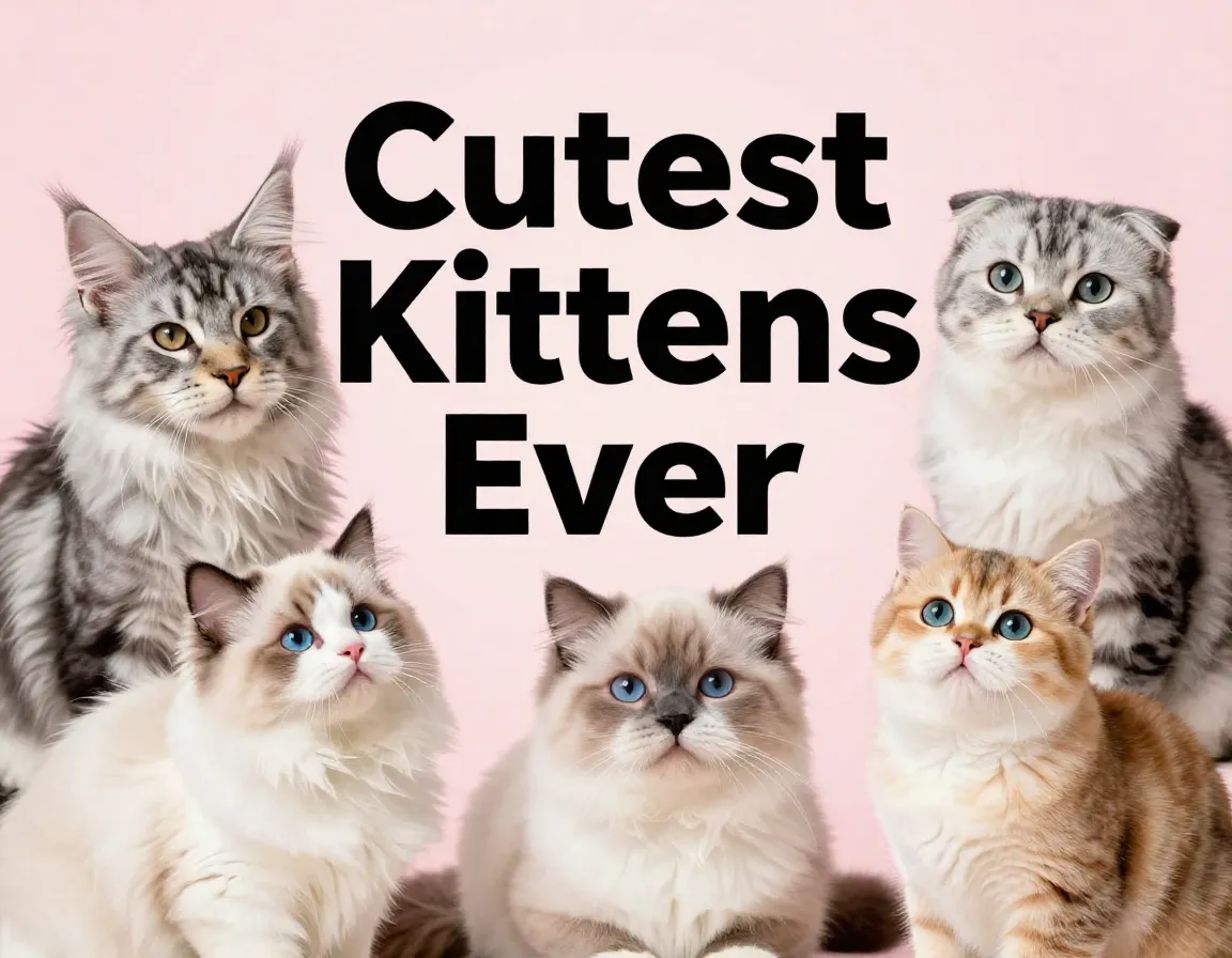 Six adorable kitten breeds flat lay playful arrangement