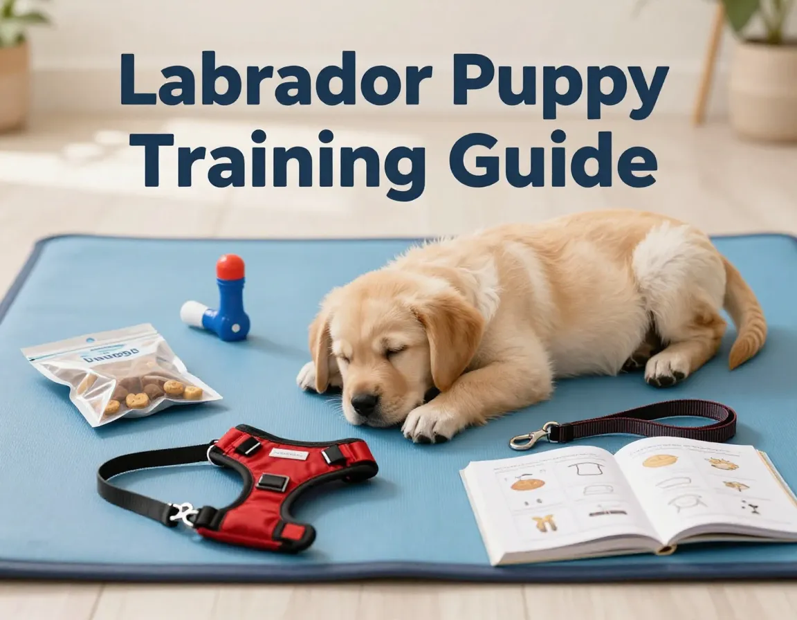 Sleeping lab puppy training gear blue mat commands