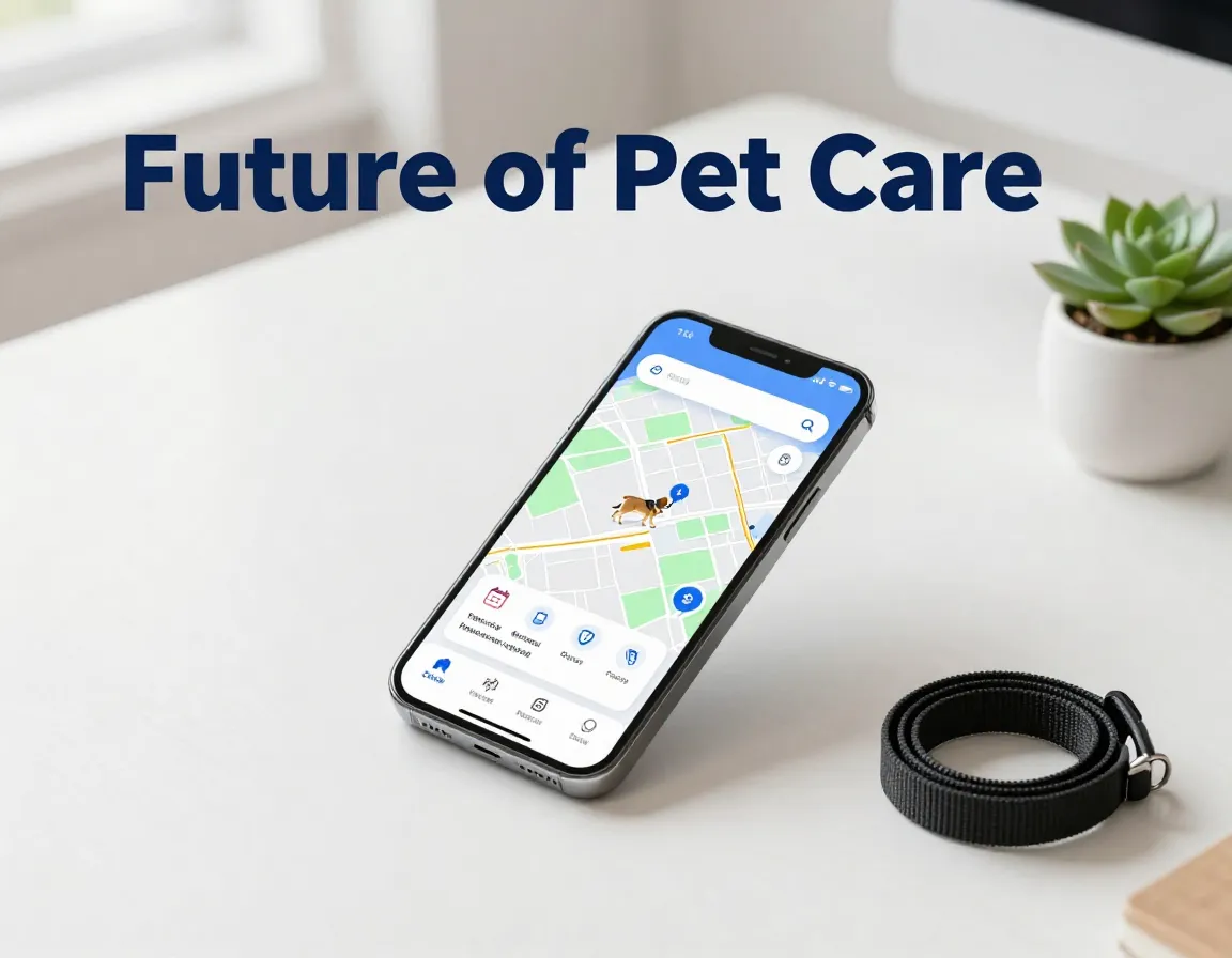 Top down smartphone with pet sitting app interface on desk