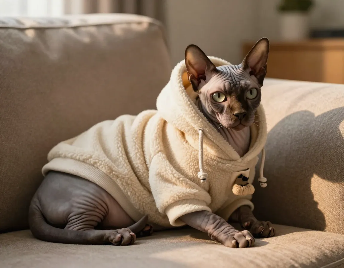 Classic fleece lined hoodie for indoor cat on cozy couch