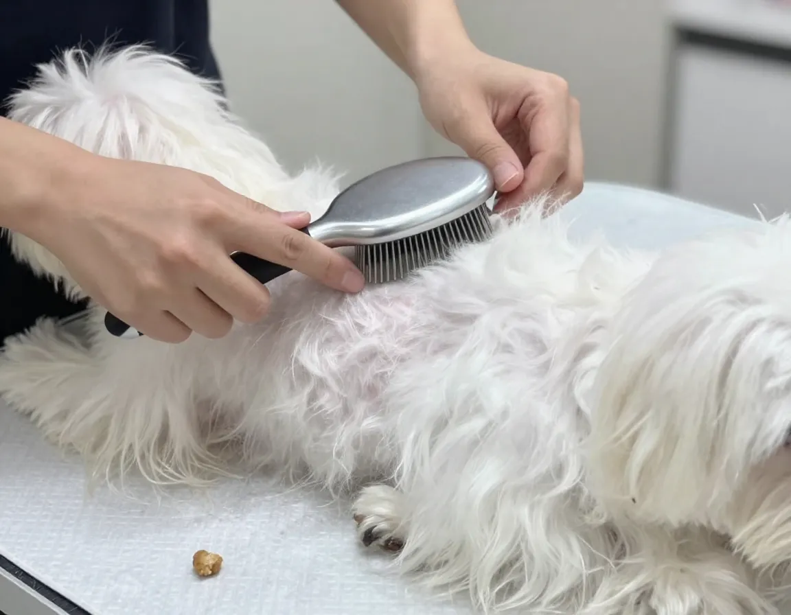 Maltese puppy daily brushing with pin slicker brushes for mat prevention