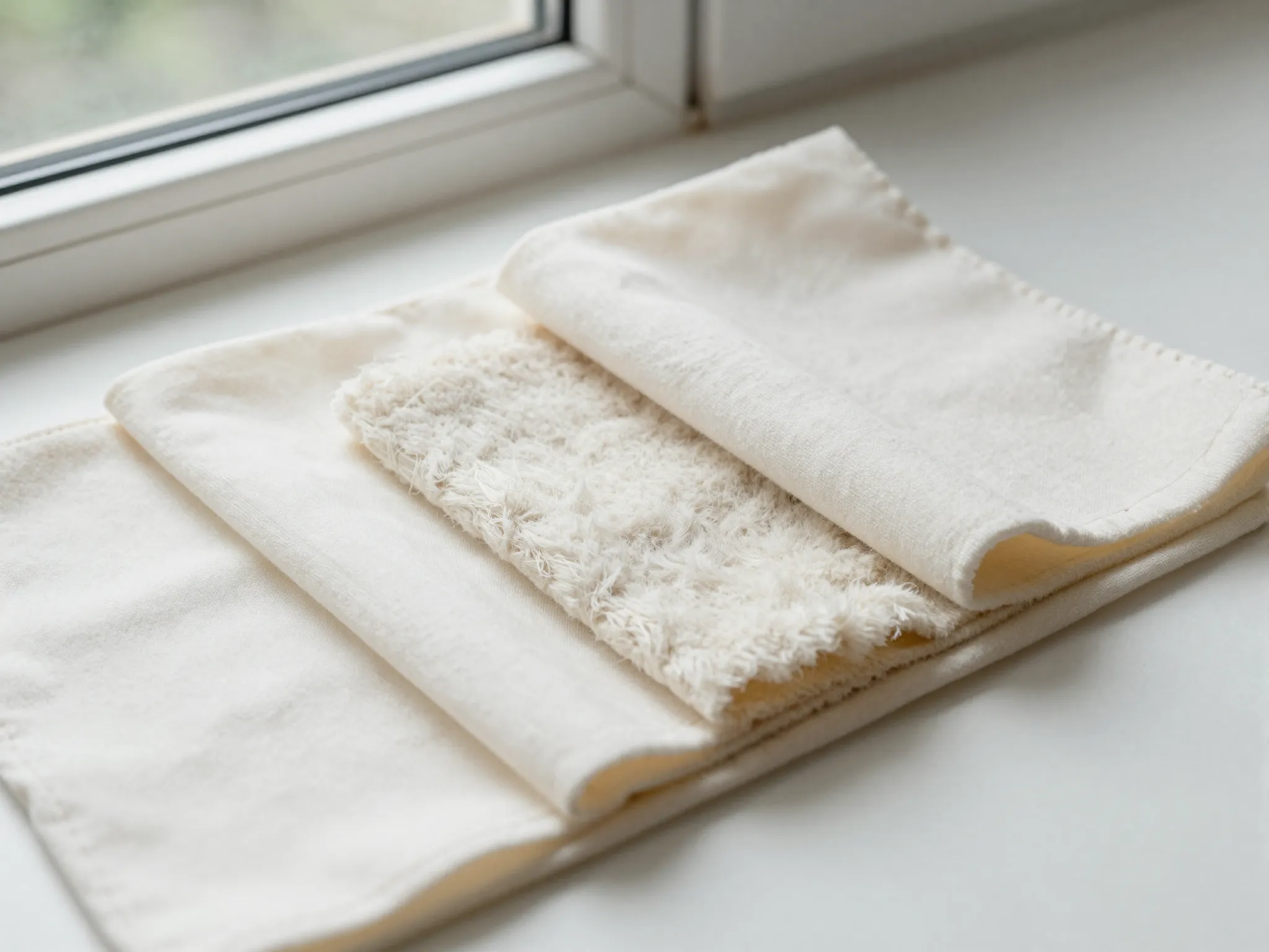 Organic cotton bamboo fleece fabric swatches by window light