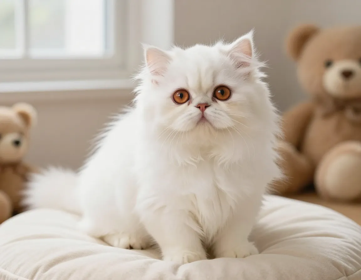 Persian kitten living teddy bear with long silky coat and round flat face