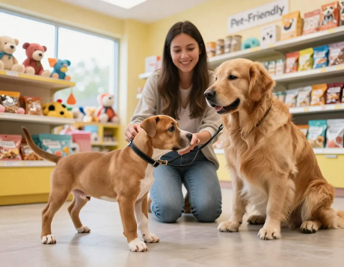 Pitbull puppy meeting golden retriever dog in bright pet store during socialization