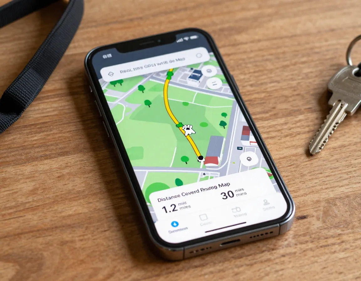 Real time gps dog walk route map on phone screen