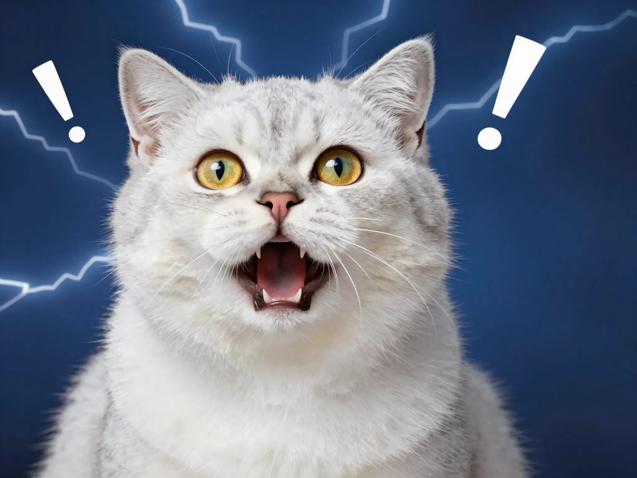 Fluffy cat with shocked expression and lightning background