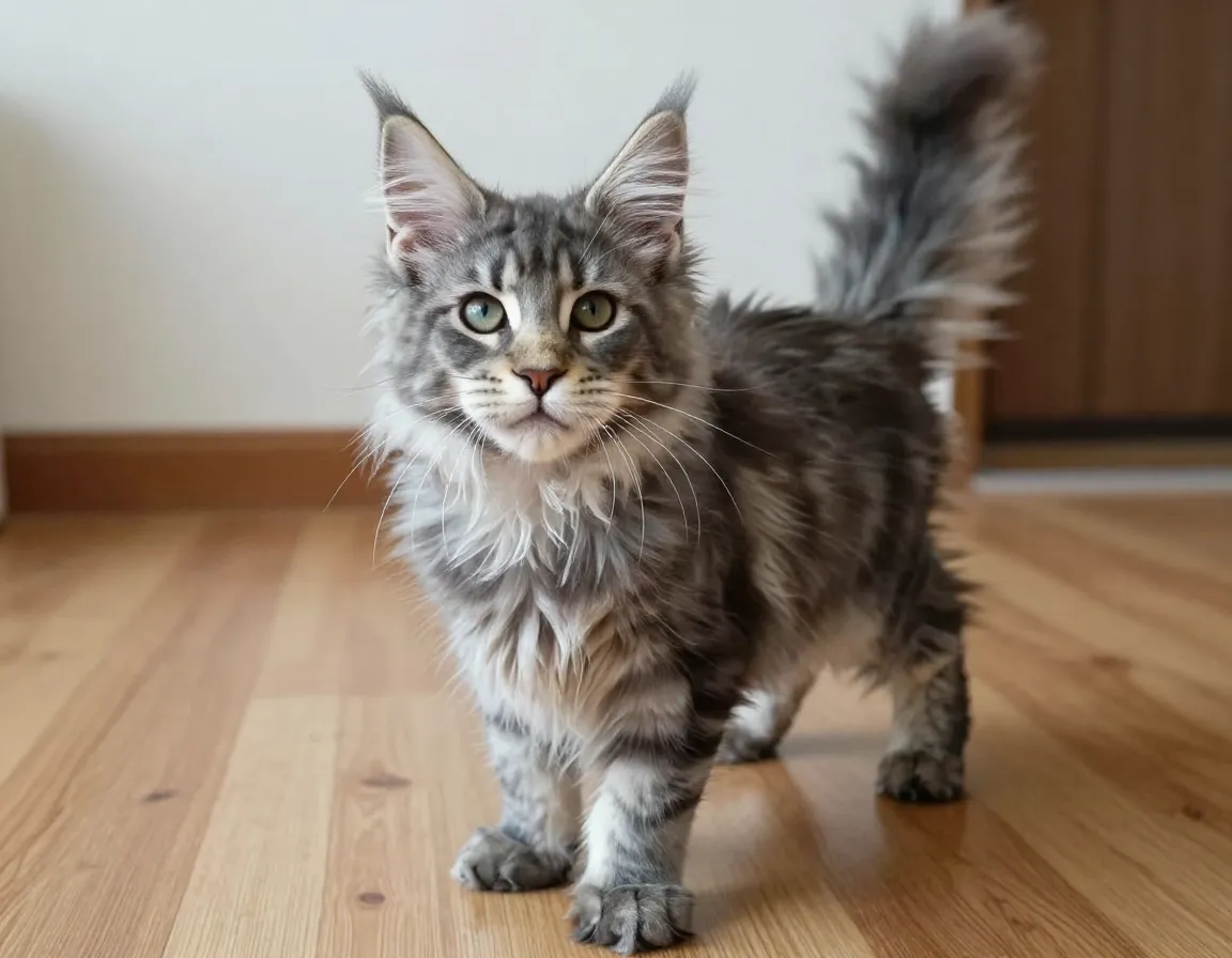 Maine coon kitten with prominent ear tufts and shaggy coat on floor