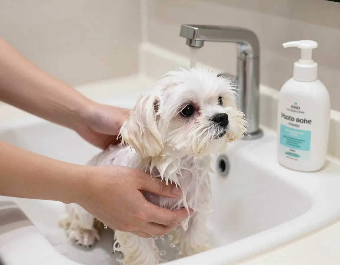Maltese puppy bathing in sink with gentle hypoallergenic shampoo