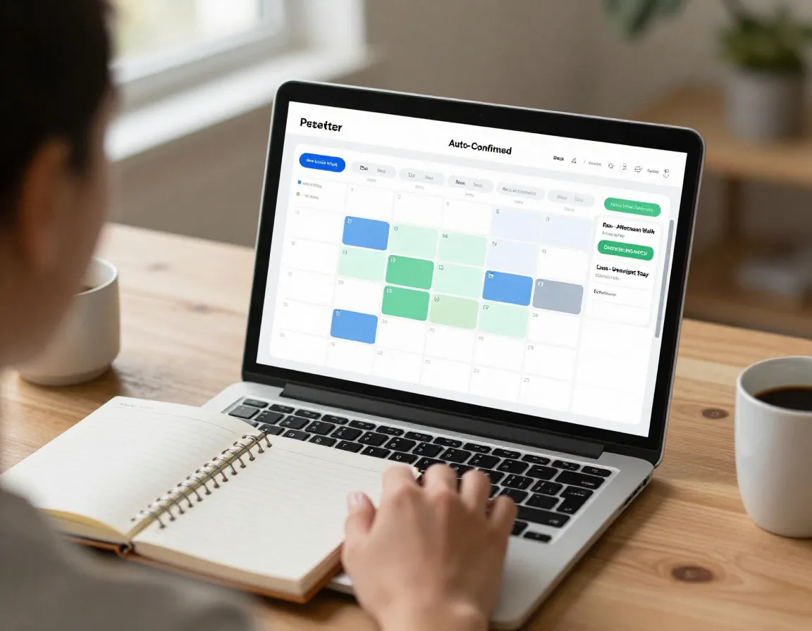Professional pet sitter managing bookings on digital calendar dashboard