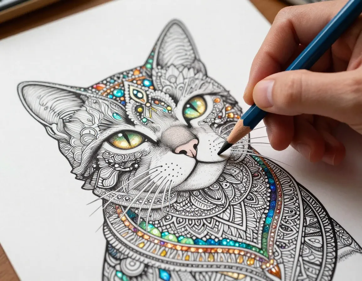 Elegant cat portrait intricate mandala patterns jewel tones coloring