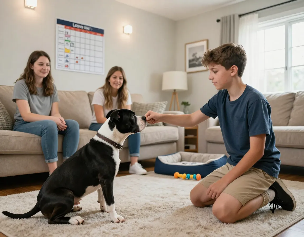 Family practices leave it command with pitbull puppy in living room