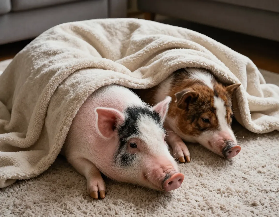 Mini pig and dog sharing a large soft blanket in cozy companionship