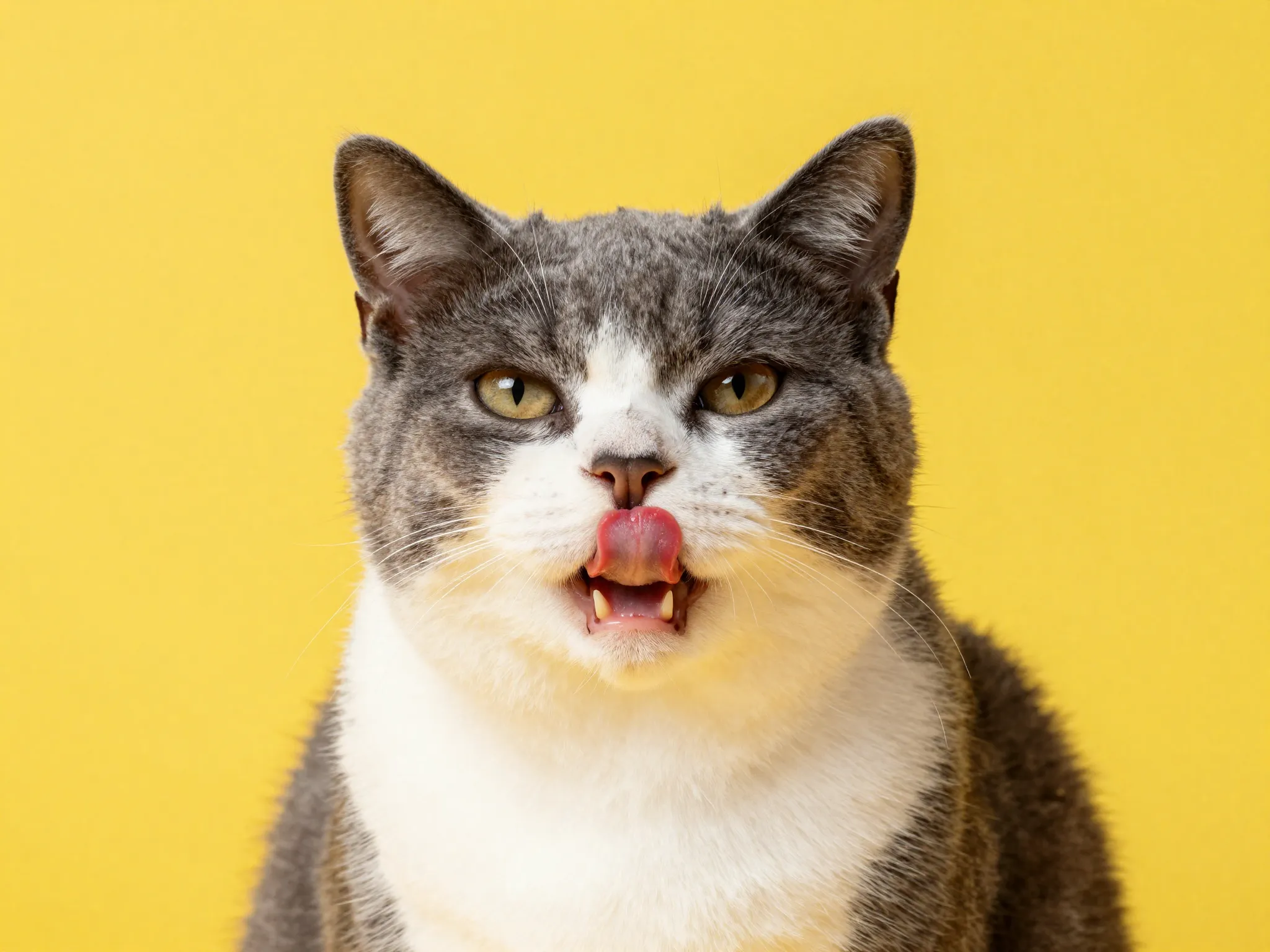 Playful cat sticking out tongue on bright yellow background