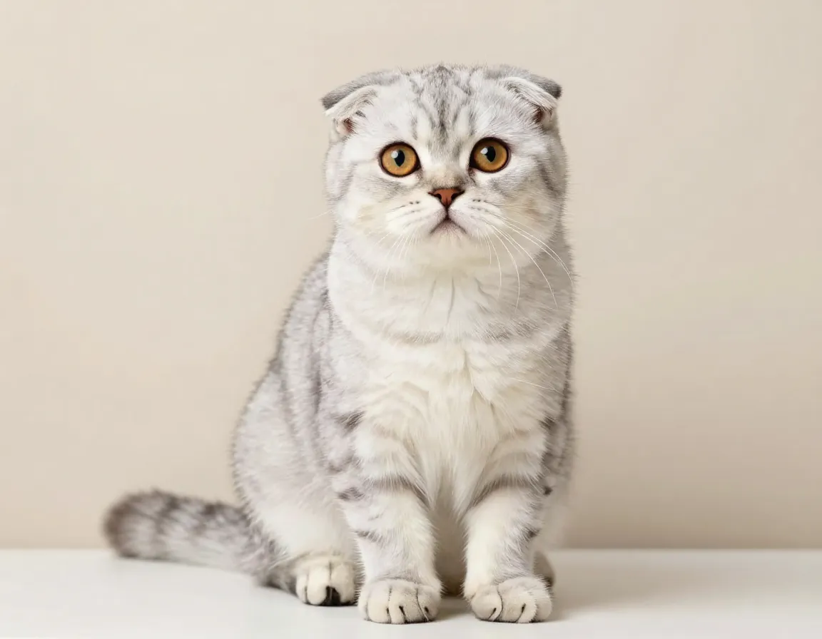 Scottish fold kitten sitting upright with folded ears and wide eyes