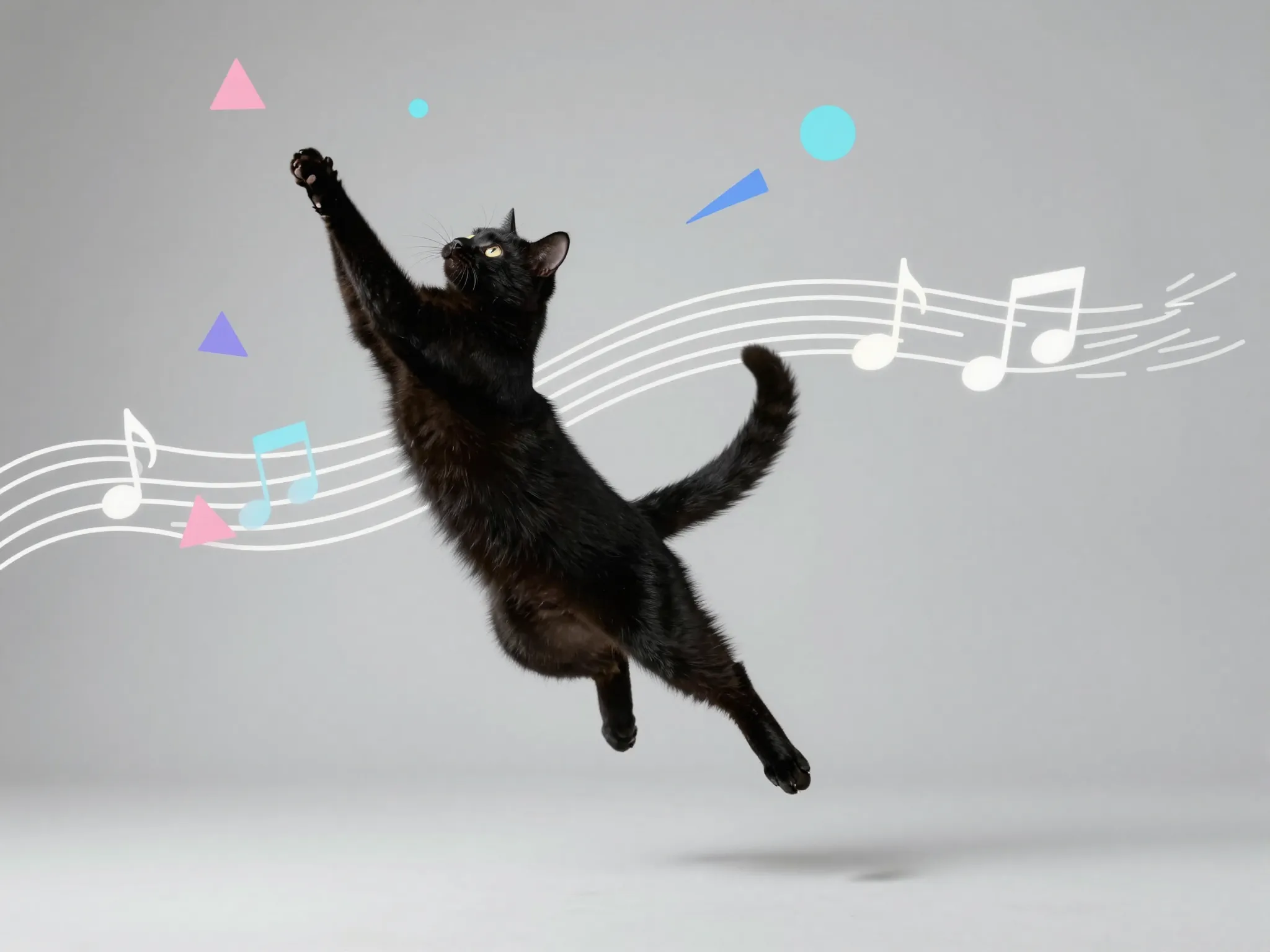 Cat in mid dance pose with colorful geometric patterns