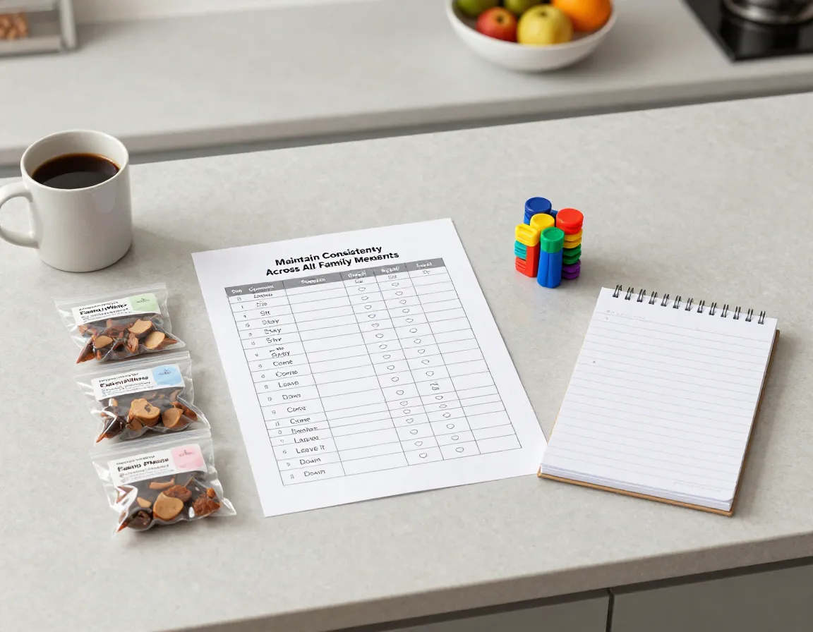 Laminated family dog training plan with identical treats and clickers