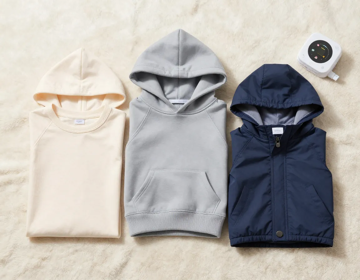 Layered clothing for a sphynx kitten on a soft blanket