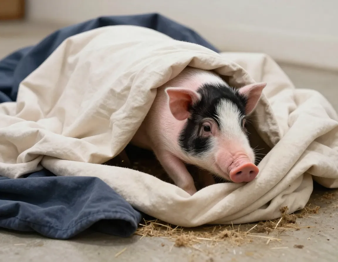 Mini pig using its snout to burrow and shape a blanket into a nest