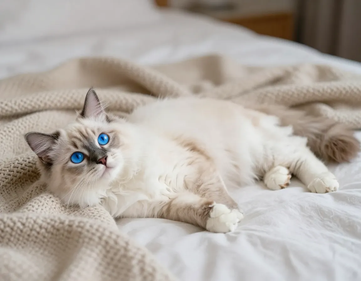 Ragdoll kitten with brilliant blue eyes on a bed