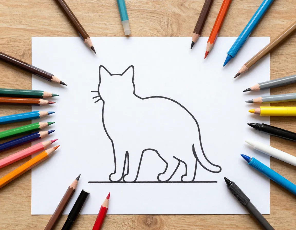 Simple cat outline silhouette blank canvas colored pencils freedom