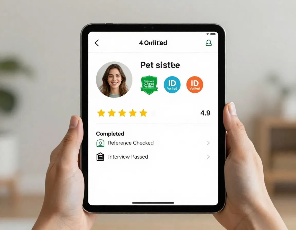 Verified pet sitter profile with badges and background check status