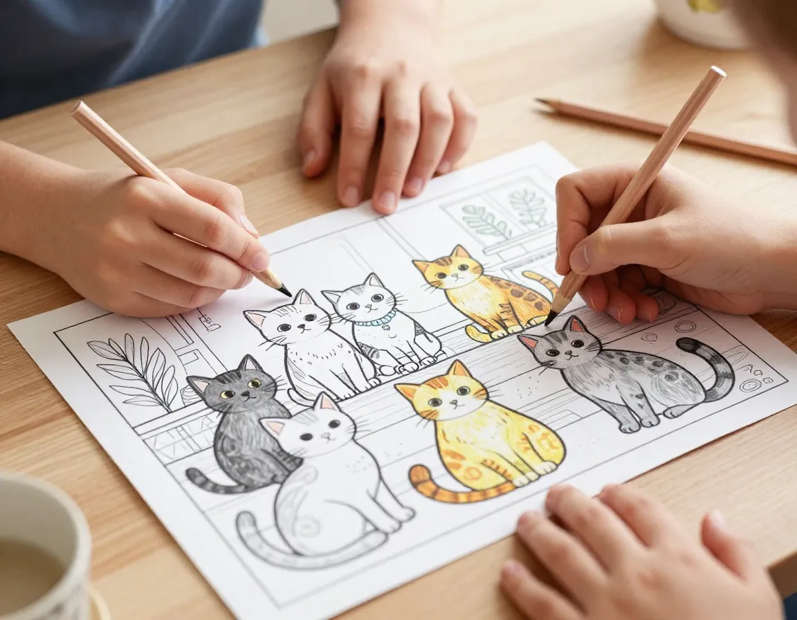 Cat family gathering multiple felines coordinated palette coloring page