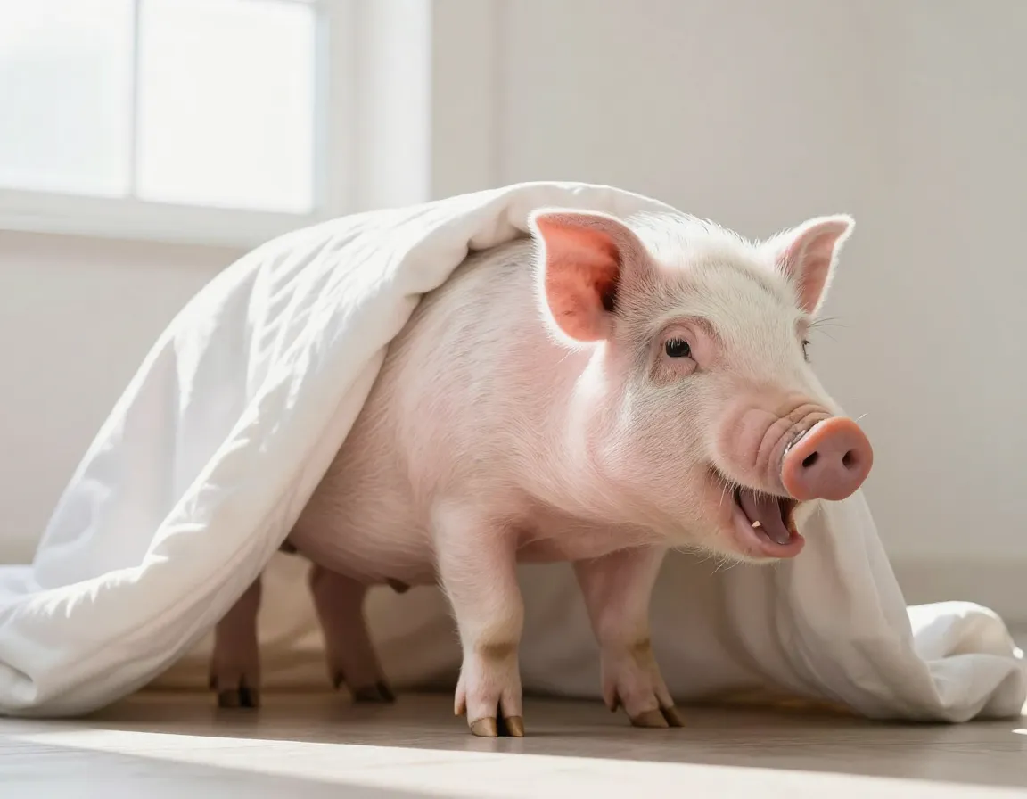 Mini pig stretching energetically with blanket draped over its back