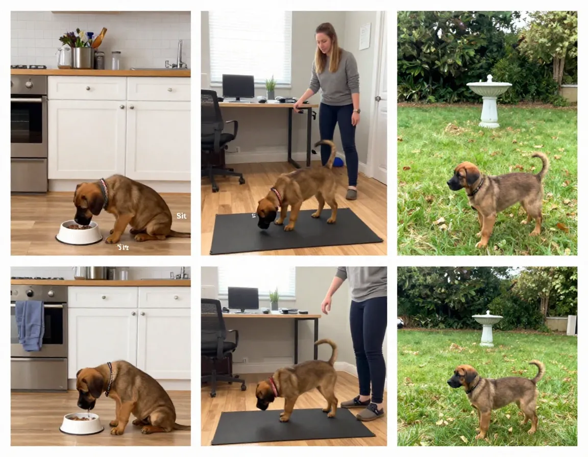 Pitbull puppy three short training sessions kitchen office backyard day