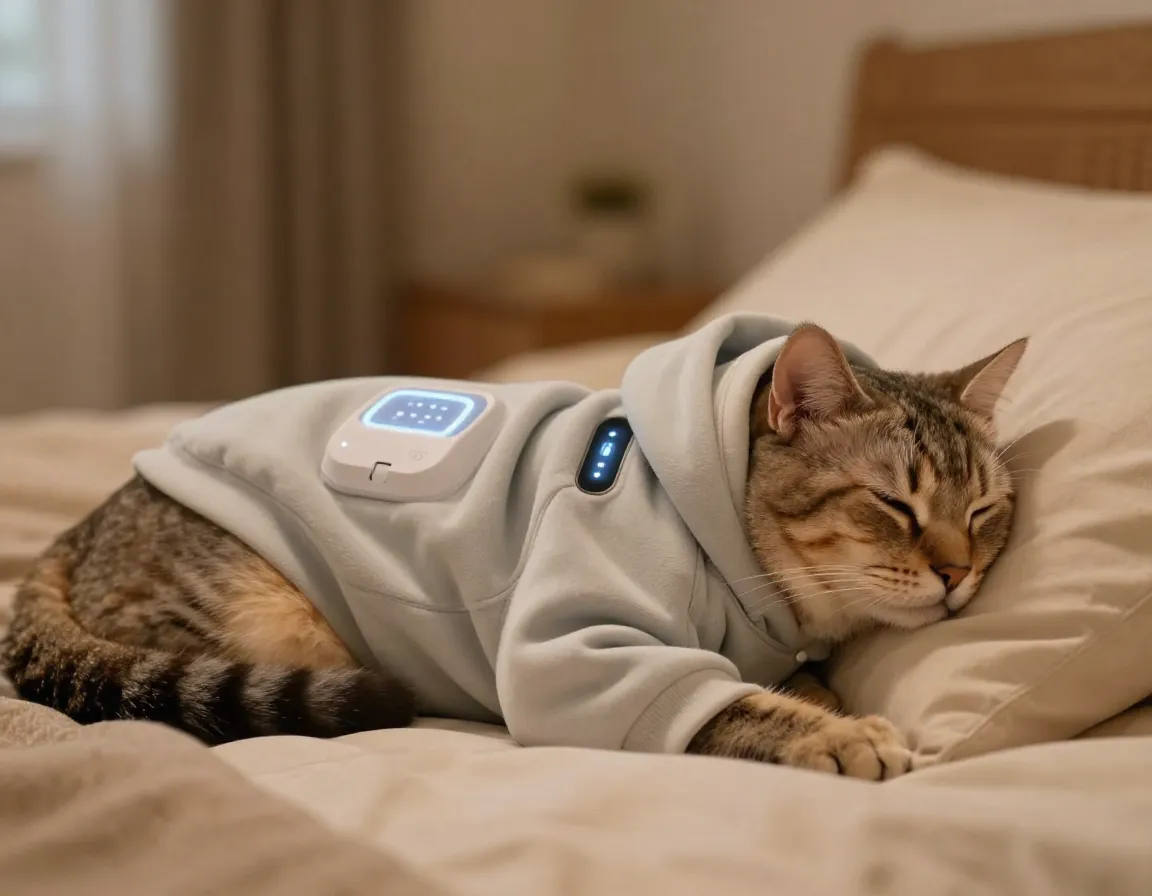 Senior cat resting in tech integrated heated hoodie indoors