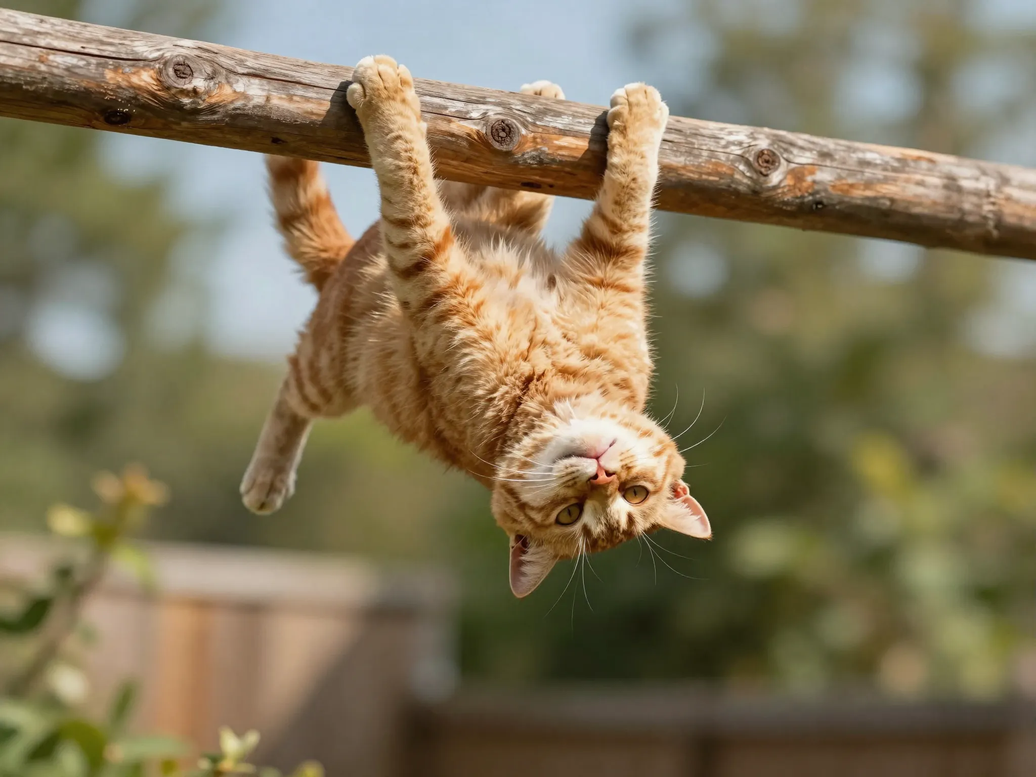 Upside down hanging cat with quizzical expression on wall