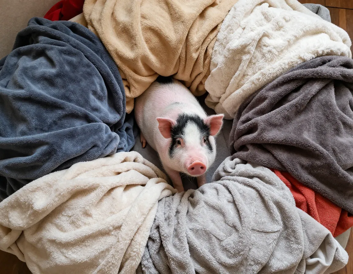 Mini pig surrounded by a curated pile of colored textured blankets