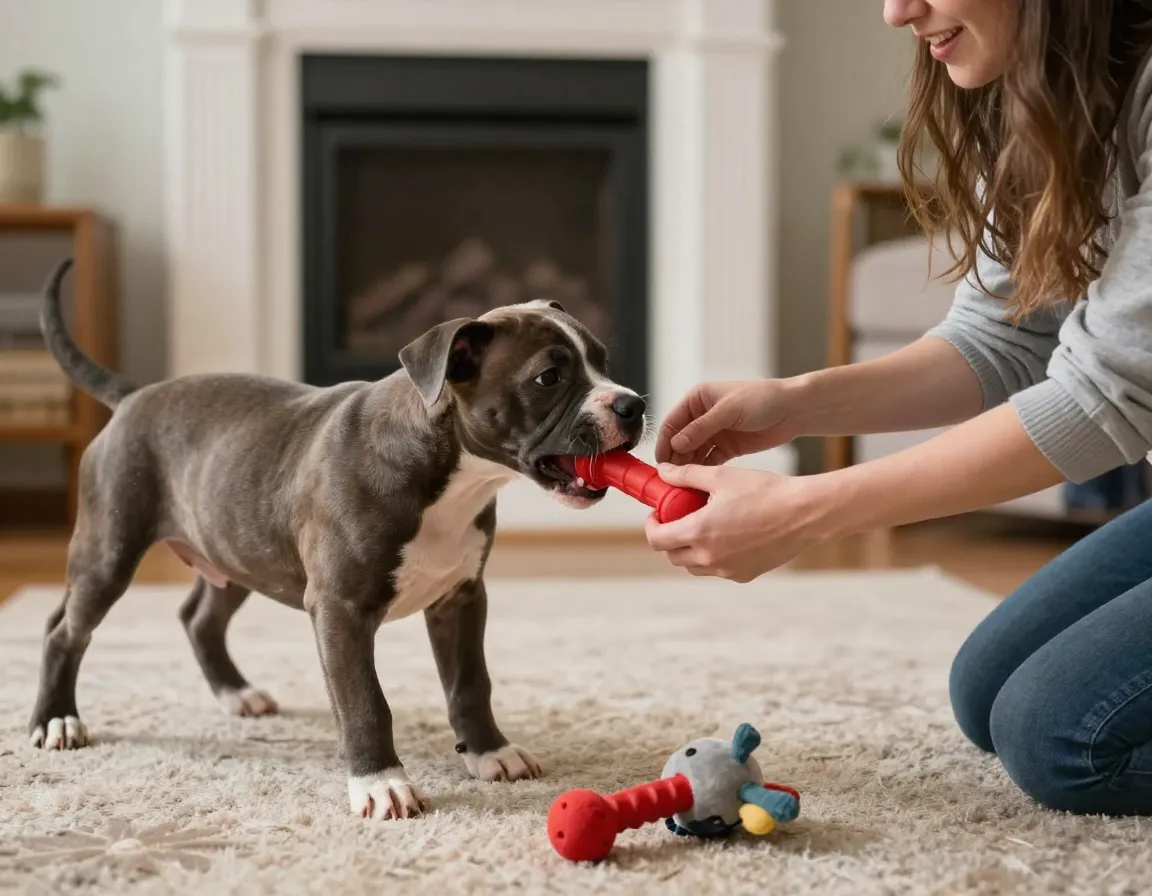 Owner redirects biting pitbull puppy to chew toy in living room