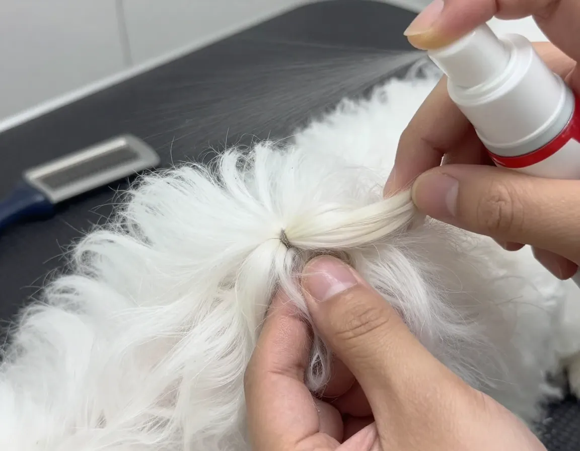 Removing mat from maltese coat with detangling spray and fingers