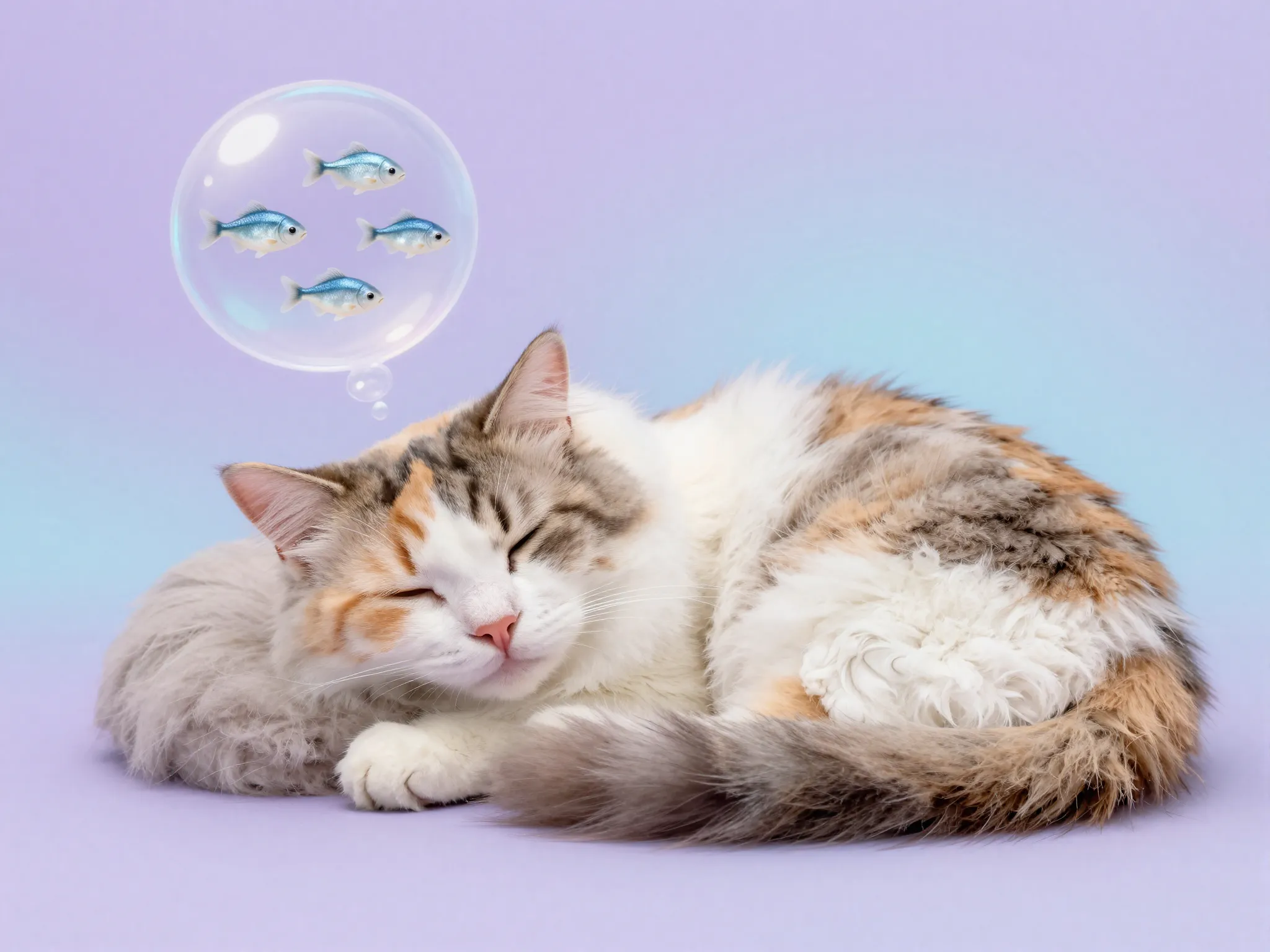 Sleeping cat with dream bubble of fish on pastel background
