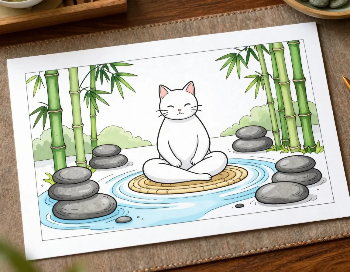 Zen garden cat meditation bamboo stones earth tones coloring page
