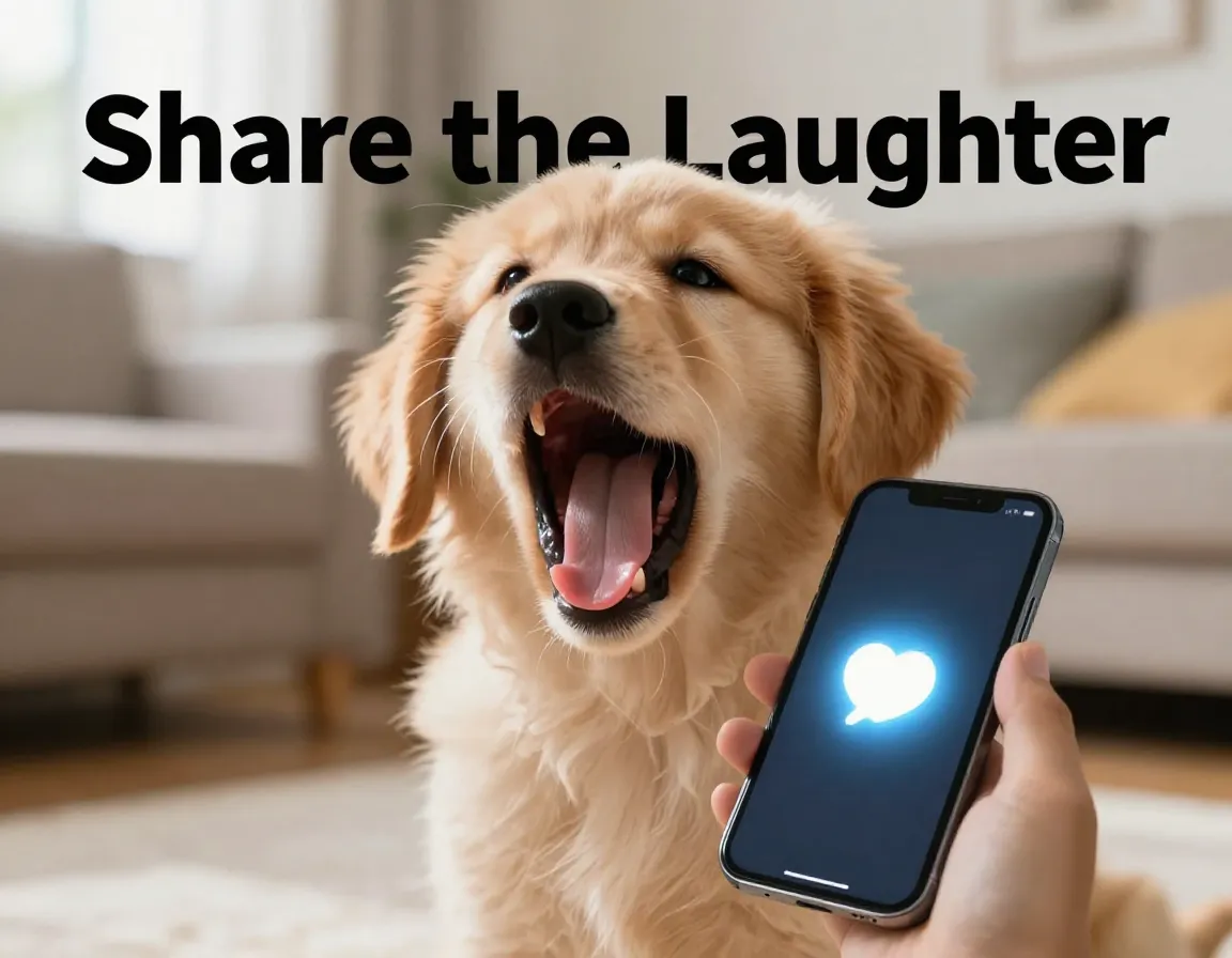 Energetic golden puppy comical expression social media share phone screen