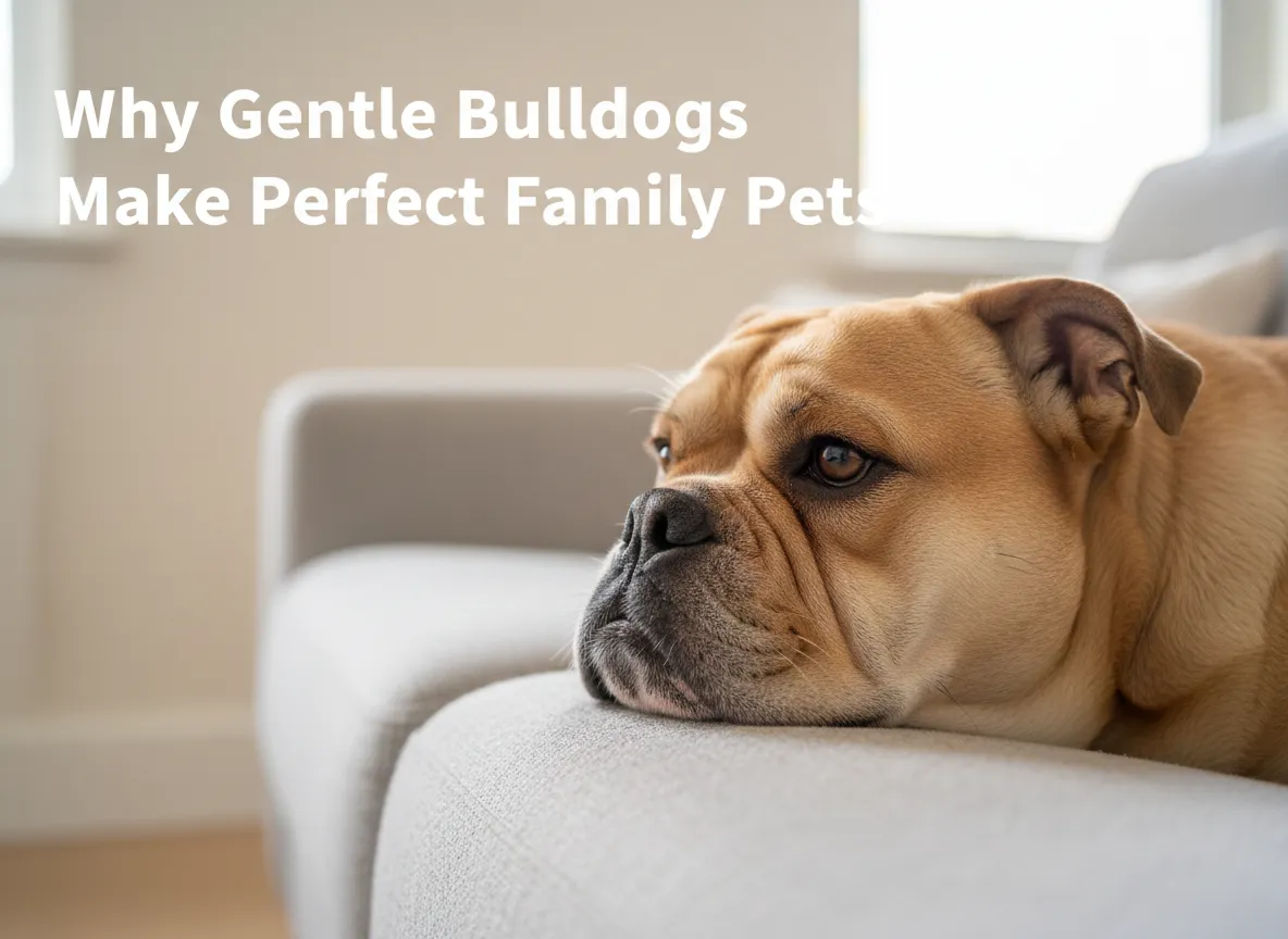 English bulldog gentle side profile on gray sofa soft light serene mood