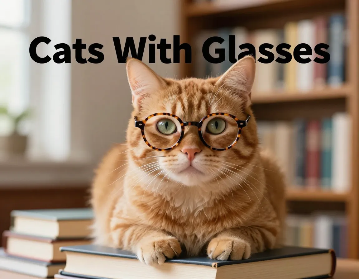 Fluffy ginger cat wearing reading glasses on books stack