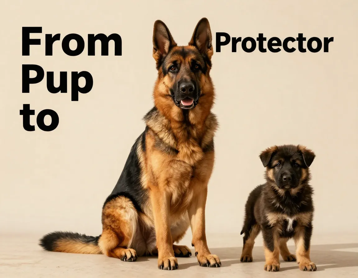 German shepherd puppy adult growth comparison studio portrait