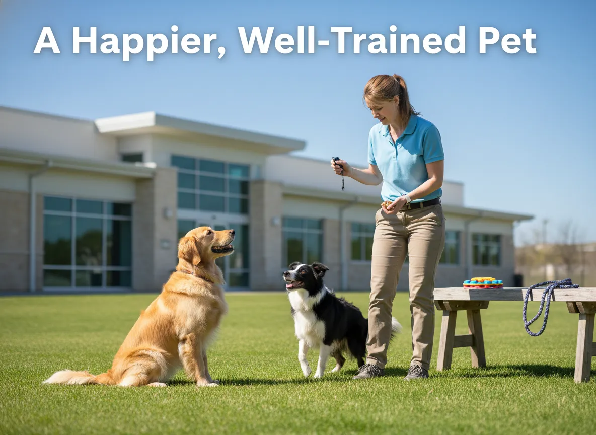 Two dogs engaged structured training professional on lawn