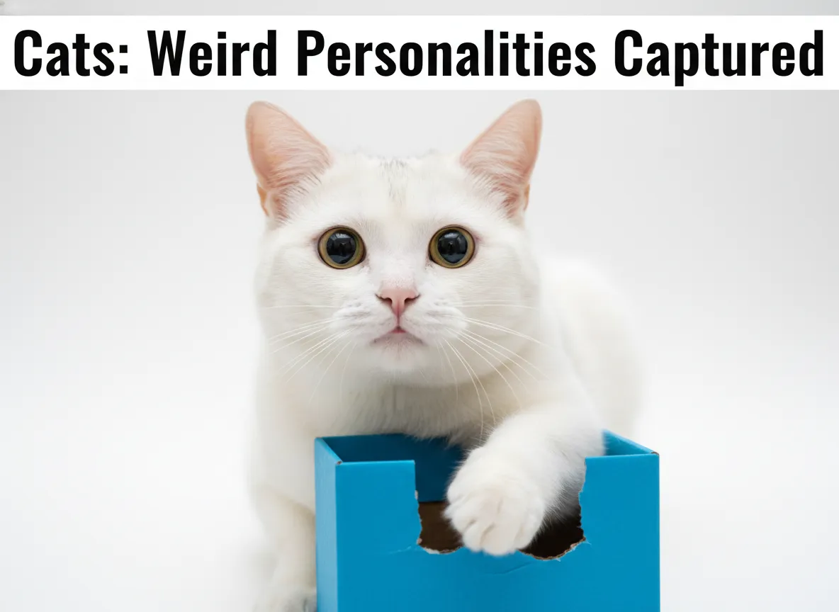 White cat paw stuck in small blue cardboard box surprised expression