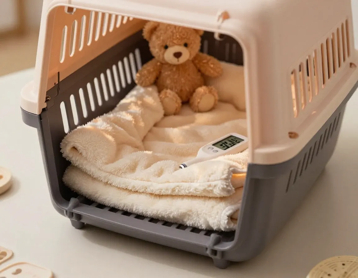 A small cat carrier with heating pad soft blankets and stuffed animals